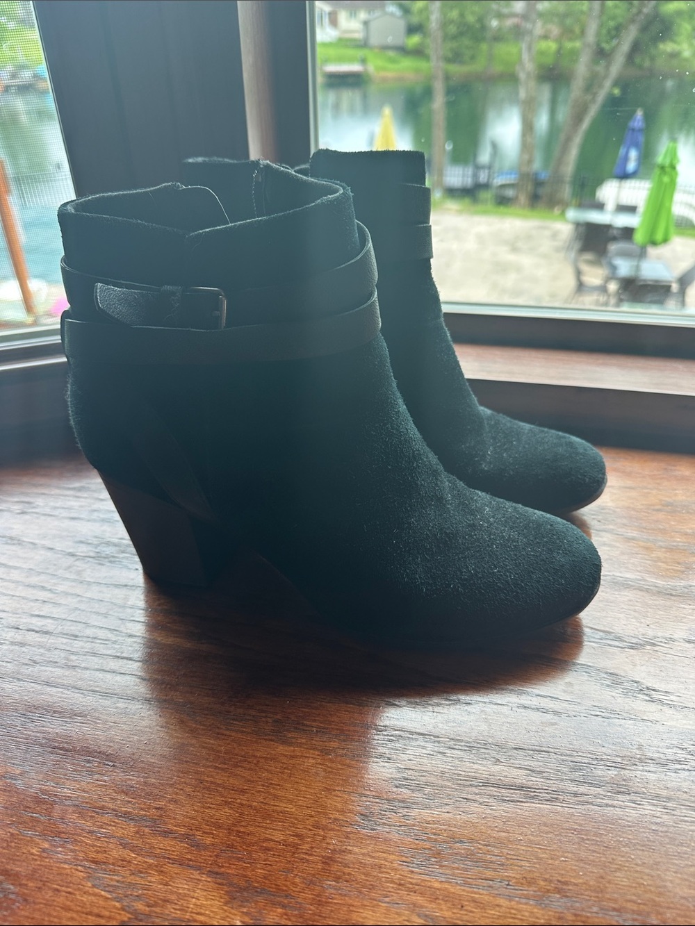 Clarks Black Suede Ankle Booties with Wrap Strap